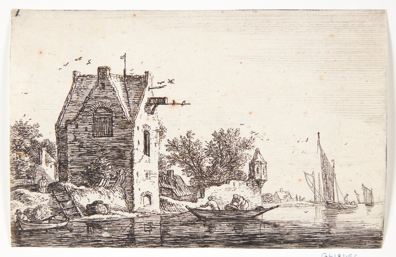 Toren bij een rivier door Anthonie Waterloo