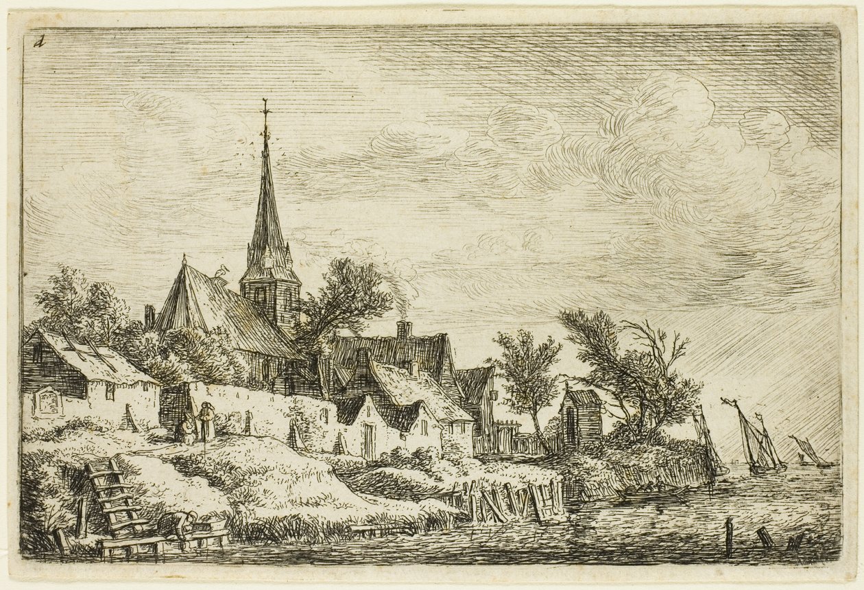 De kerktoren in het dorp aan zee door Anthonie Waterloo