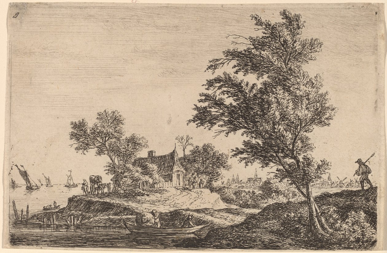 Reiziger die Twee Grote Bomen Passeert door Anthonie Waterloo