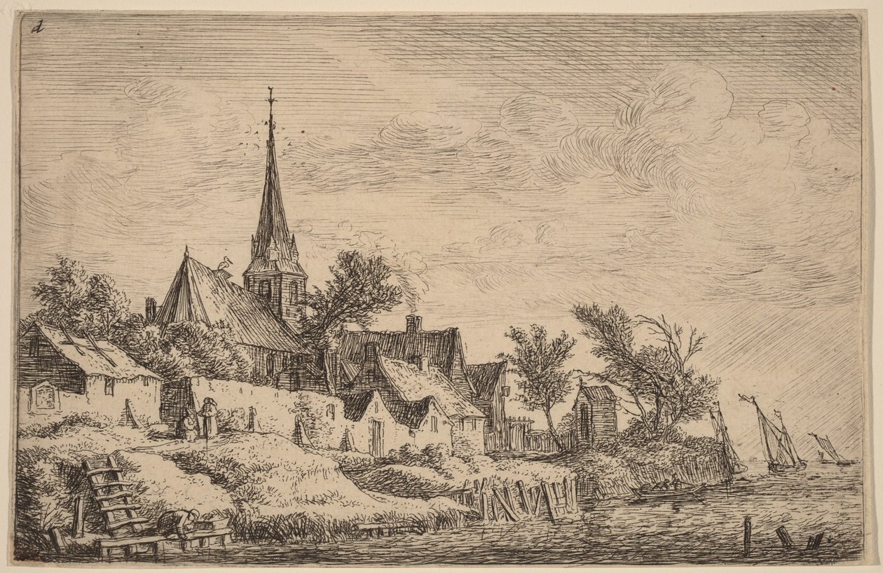 Dorpskerktoren aan zee door Anthonie Waterloo