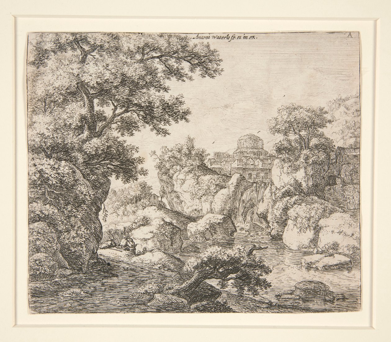 Waterval onder een koepelgebouw door Anthonie Waterloo