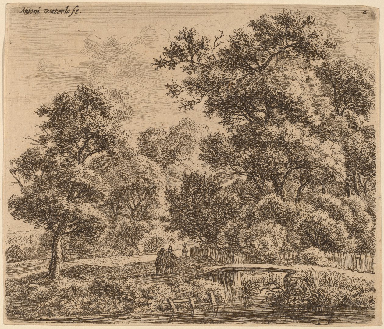 Boslandschap met een brug door Anthonie Waterloo