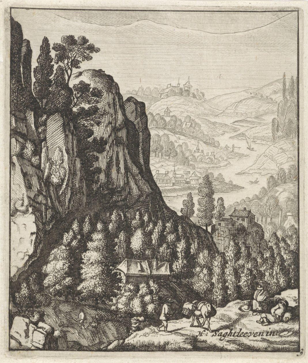 Rotsachtig berglandschap met boeren door Anthonie de Winter (attributed to)