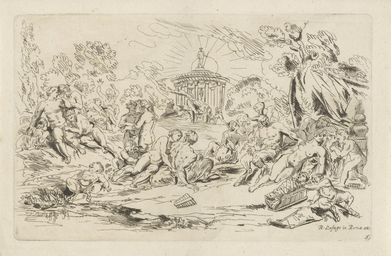Nimfen en saters voor een tempel van Bacchus door Anthonie de Winter