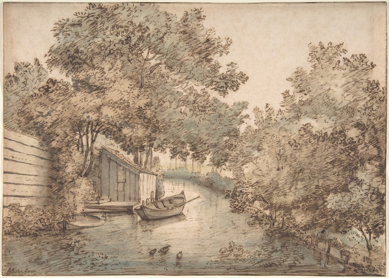 Kanaal met een boot en eenden door Anthonie van Borssom
