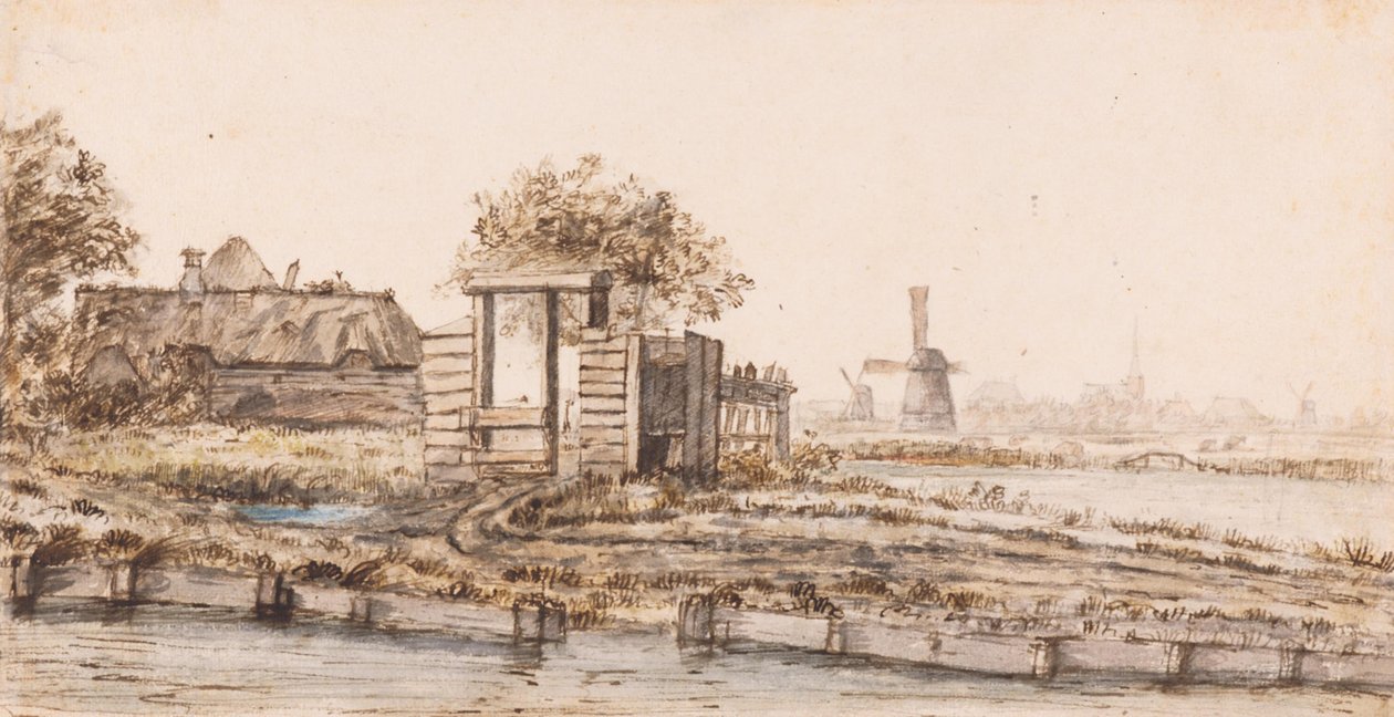 Een boerderij aan een water bij een dorp door Anthonie van Borssom
