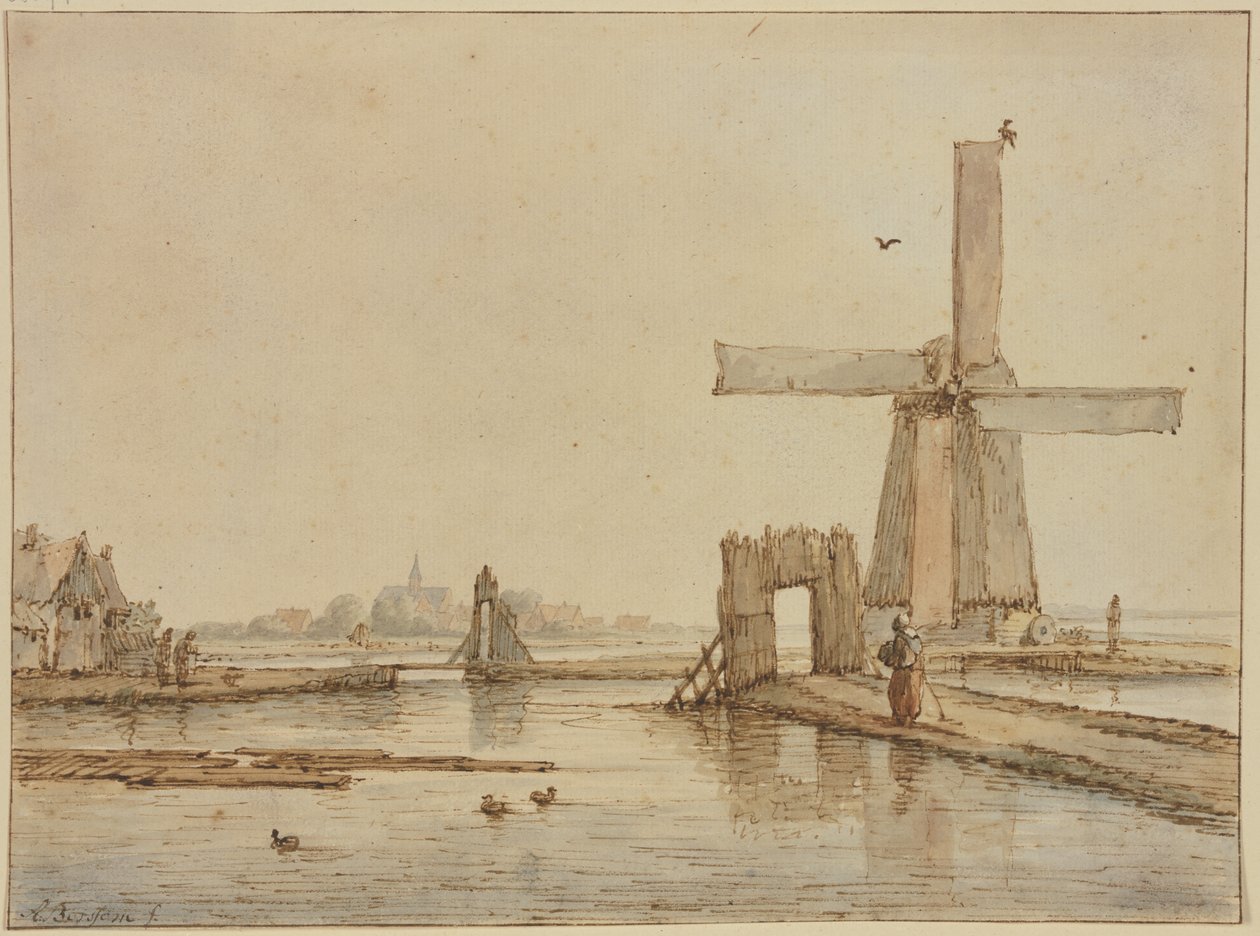 Windmolen op een smalle dijk, vooraan drie eenden door Anthonie van Borssom