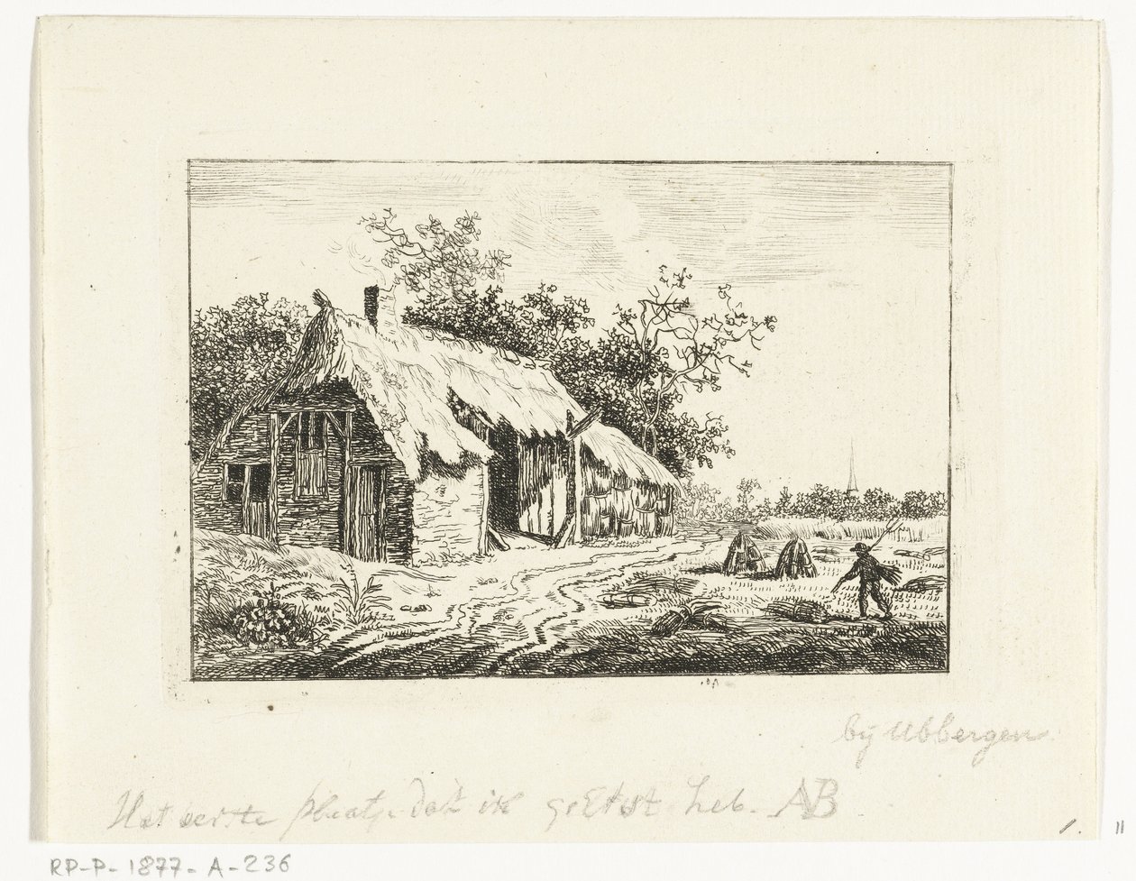Hooimakende boer voor een boerderij bij Ubbergen door Anthonie van den Bos