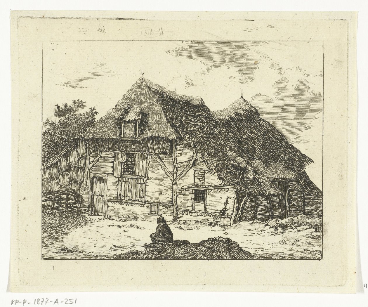 Man zittend op een heuveltje voor een huis te Staphorst door Anthonie van den Bos