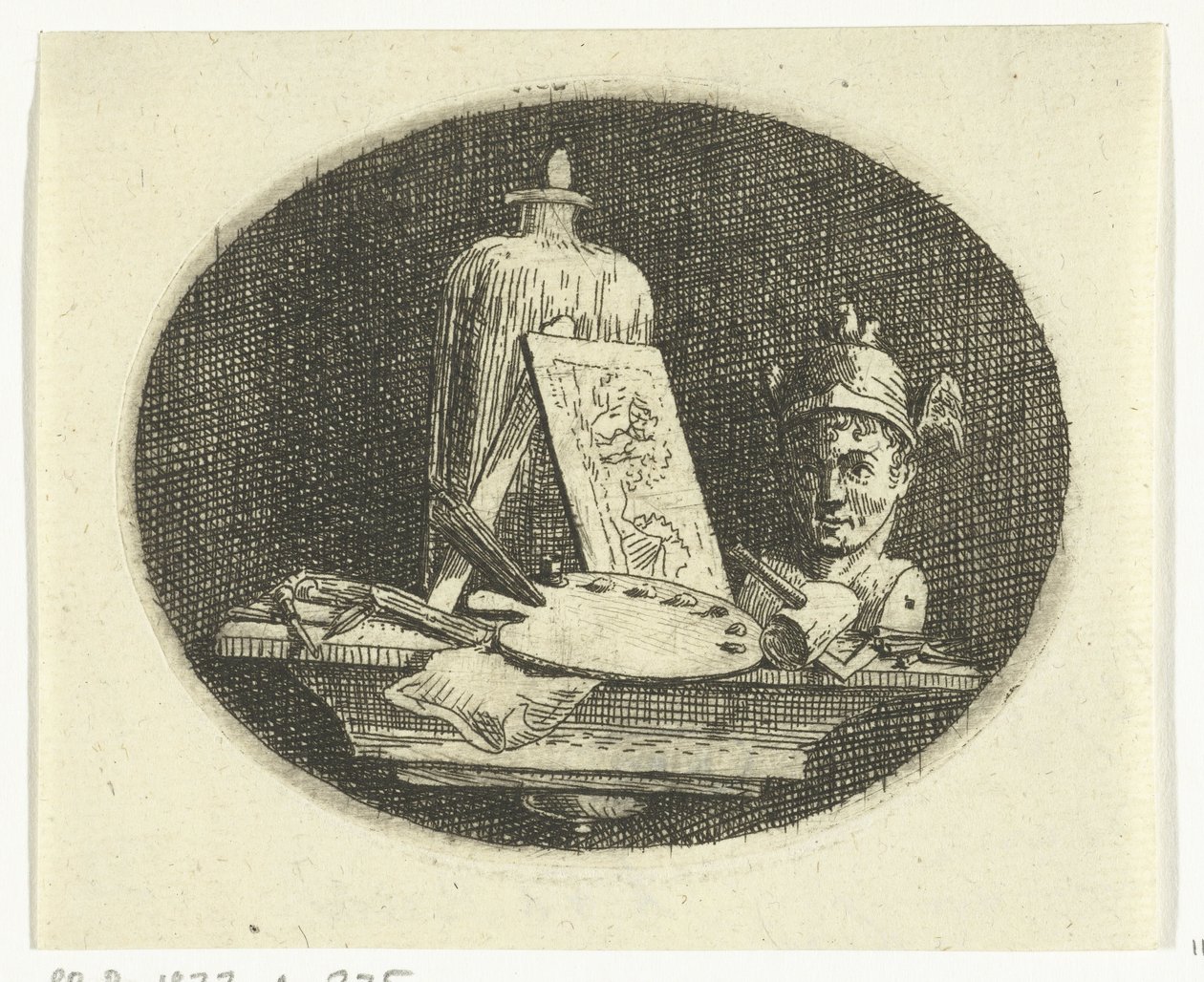 Stilleven met palet, schilderij en buste van Mercurius door Anthonie van den Bos