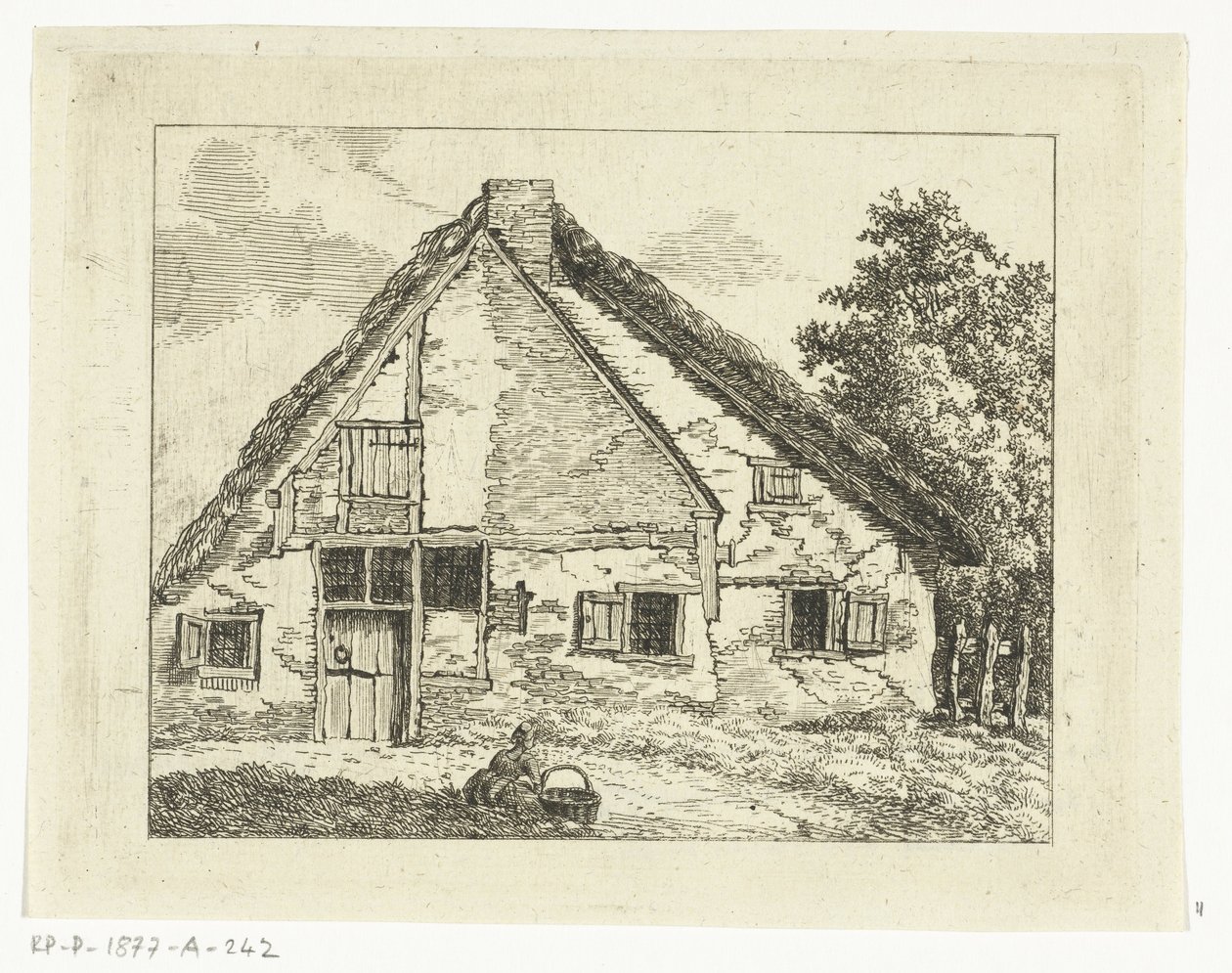 Vrouw met mand zittend voor een huis door Anthonie van den Bos