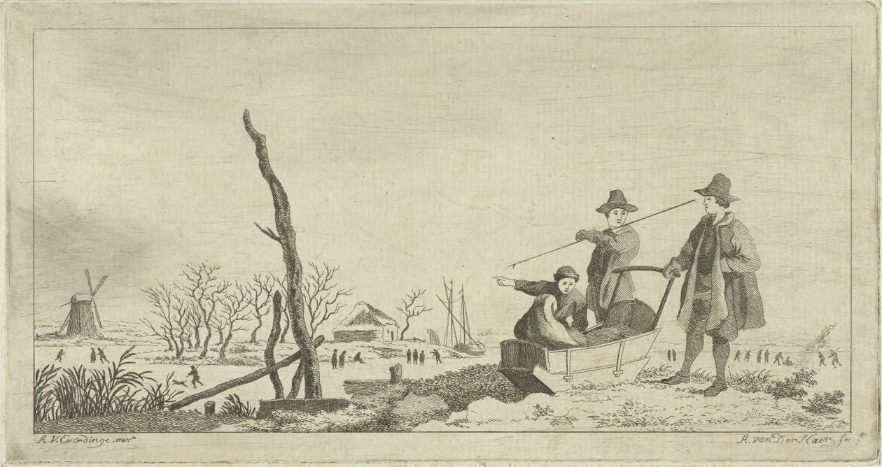Figuren bij een slee in een winterlandschap door Anthonij van der Haer