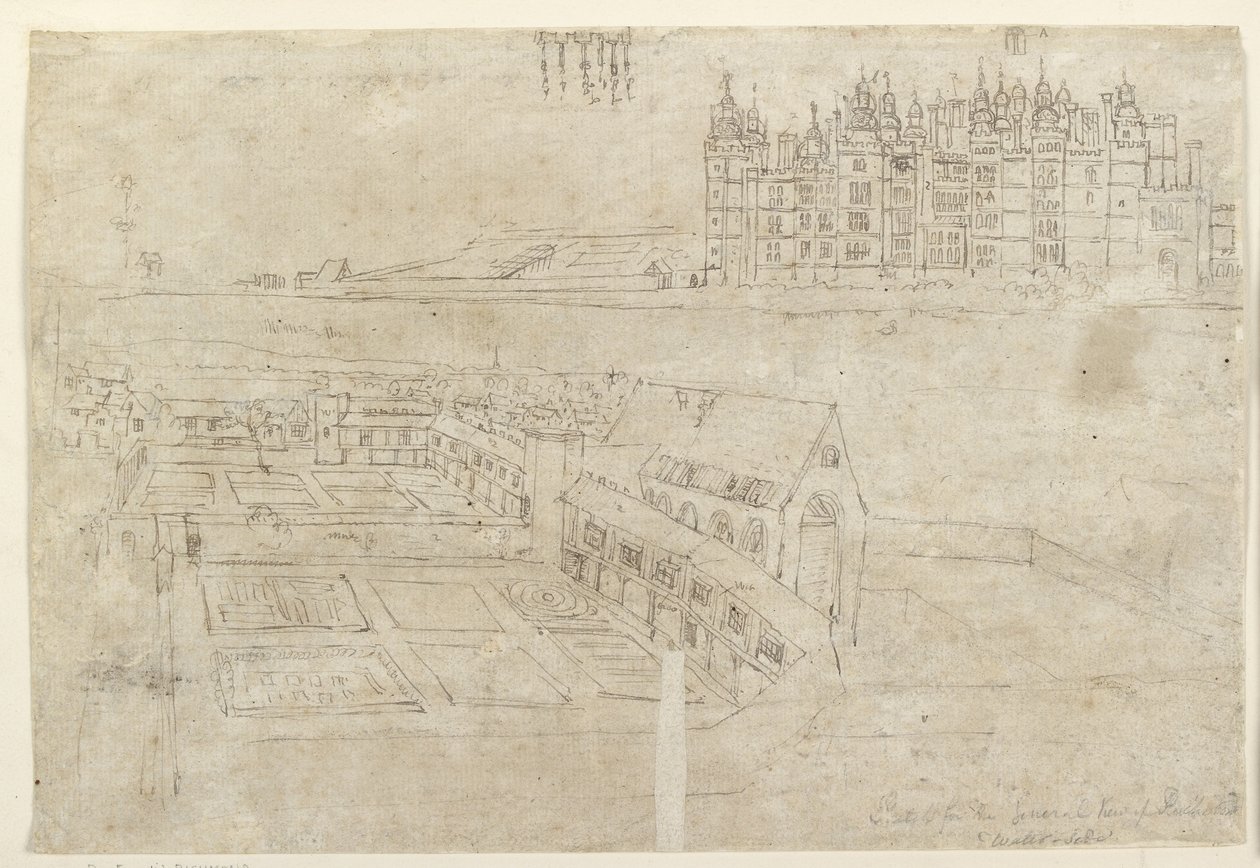 De rivierkant van Richmond Palace en Privy Gardens door Anthonis van den Wyngaerde