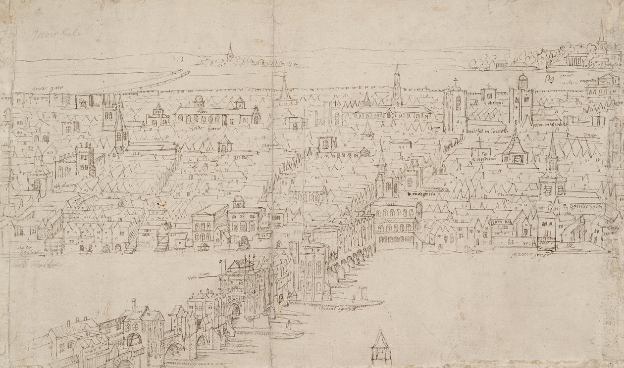 Panorama van Londen gezien vanaf Southwark: London Bridge door Anthonis van den Wyngaerde