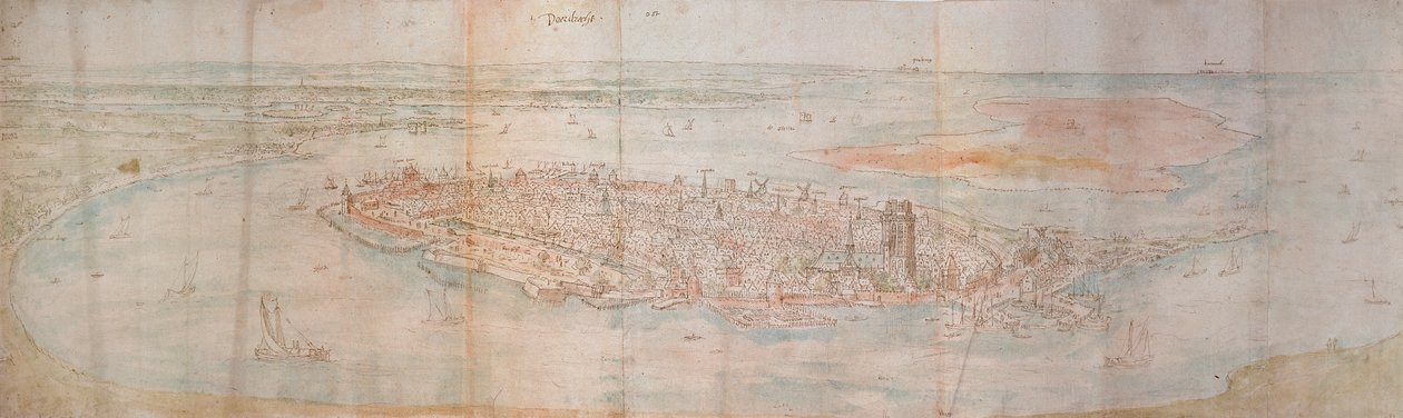 Panoramisch uitzicht op Dordrecht vanaf een verhoogd punt in het westen door Anthonis van den Wyngaerde