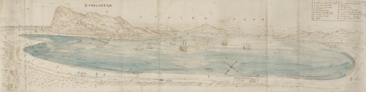 Panoramisch Uitzicht over de Baai van Gibraltar, ca. 1567 door Anthonis van den Wyngaerde