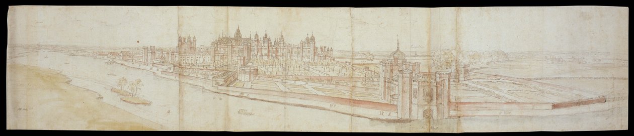 Uitzicht op Hampton Court Palace vanuit het zuiden, met de rivier op de voorgrond, 1558 door Anthonis van den Wyngaerde