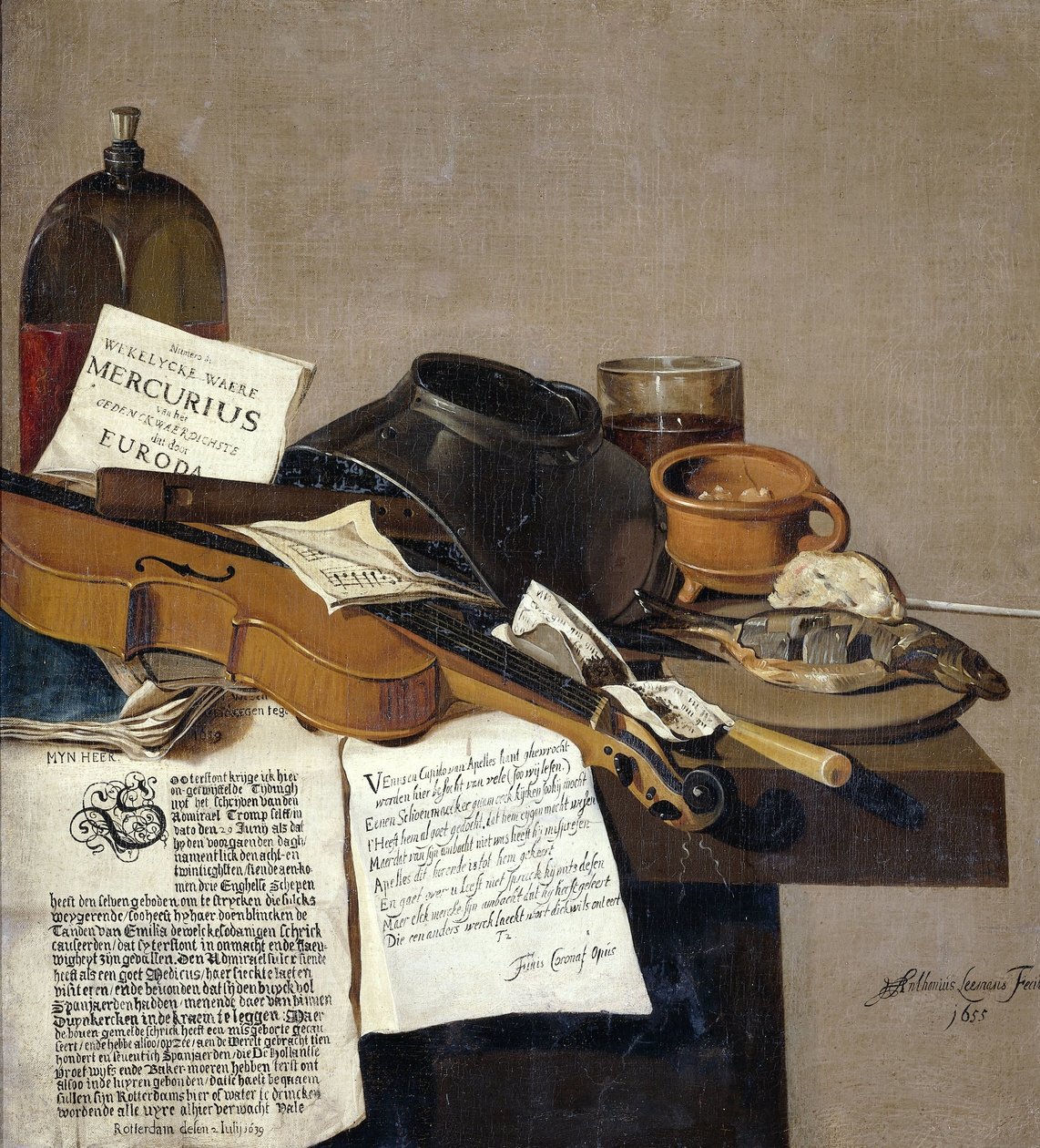 Stilleven met een exemplaar van De Waere Mercurius, een pamflet met het nieuws van Tromps overwinning op drie Engelse schepen op 28 juni 1639, en een gedicht dat het verhaal van Apelles en de schoenmaker vertelt door Anthonius Leemans