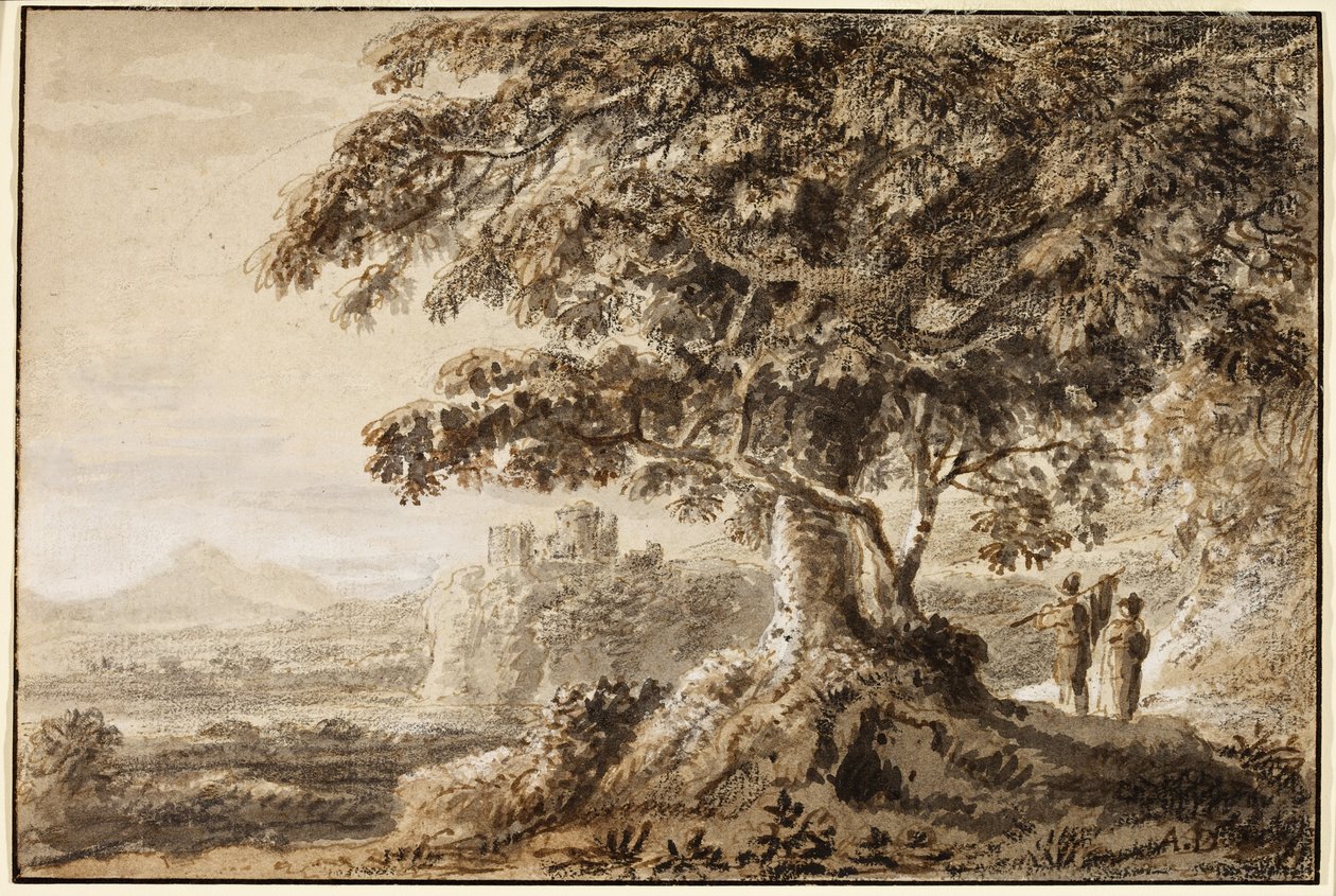 Landschap - rotsachtige voorgrond en twee figuren door Anthony Devis