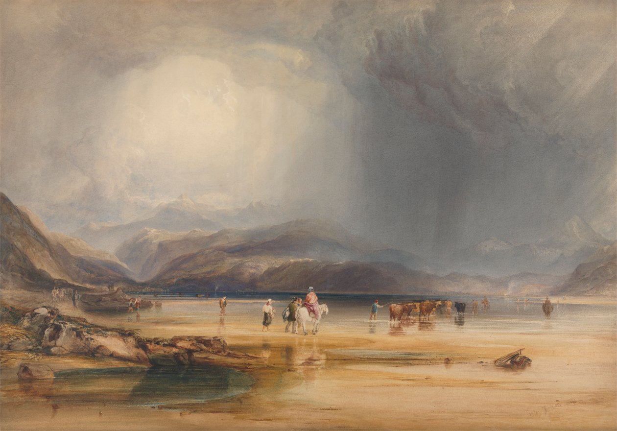 Een uitzicht op Snowdon vanaf de zandstranden van Traeth Mawr, genomen bij de doorwaadbare plaats tussen Pont Aberglaslyn en Tremadoc door Anthony Vandyke Copley Fielding