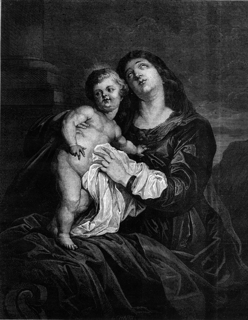 De Maagd en het Kind Jezus. Gravure naar een schilderij van Anton (Antoon of Anthony) van Dyck (1599-1641). Gravure in 