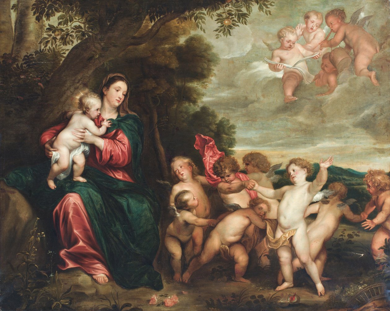 De Madonna met kind in een landschap begroet door het kindje Baptist en engelen (Olieverf op doek). door Anthony van (circle of) Dyck