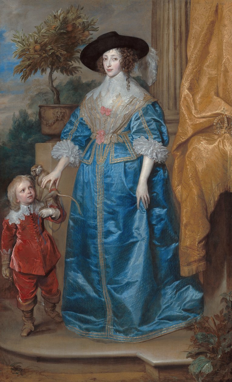 Duits: Portret van koningin Henrietta Maria, met dwerg Sir Jeffrey Hudson Koningin Henrietta Maria met Sir Jeffrey Hudson door Anthony van Dyck