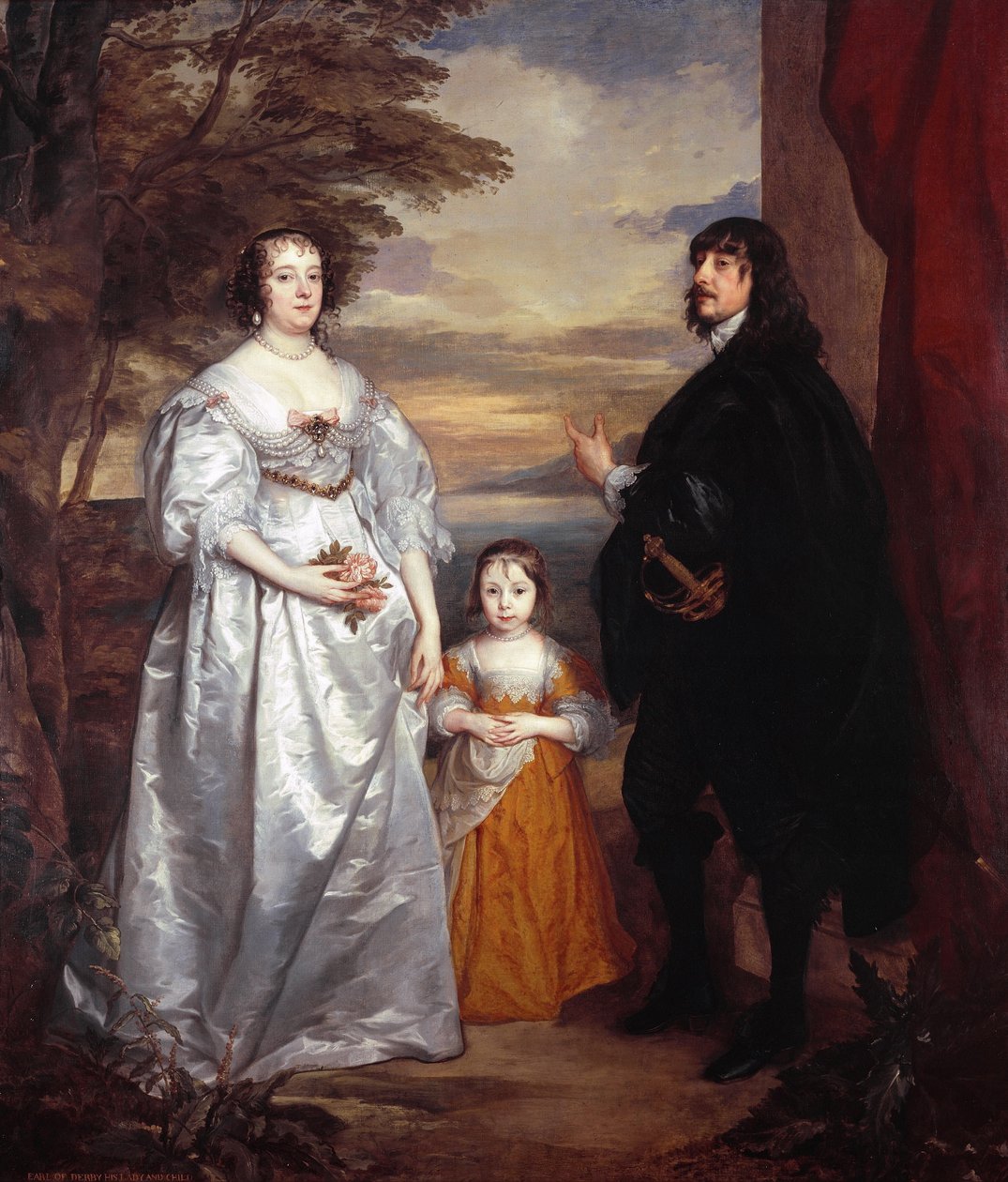 Group portraity of James Stanley, Lord Strange (1607-1651), Charlotte de La Trémoille (1599-1664) and Lady Henrietta Maria Stanley (1630-1685) door Anthony van Dyck