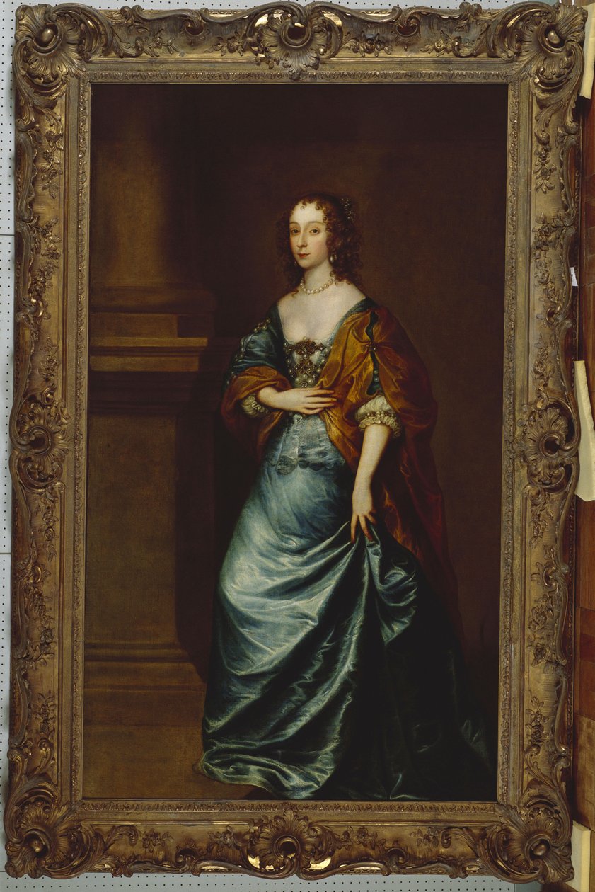 Portret van Mary Villiers, Hertogin van Lennox en Richmond, in een blauwe jurk en bruine omslagdoek bij een zuil door Anthony van Dyck