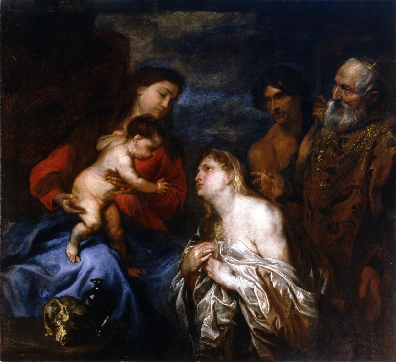 Spanish:  La Virgen y el Niño con los pecadores arrepentidos De maagd en het kind met de drie berouwvolle zondaars, Maria Magdalena, koning David en de verloren zoon door Anthony van Dyck