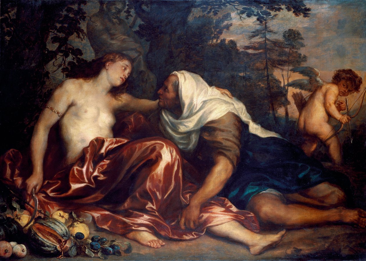 Vertumnus en Pomona (Jupiter en Ceres): Vertumnus, verliefd op de nimf Pomona, vermomt zich als oude vrouw om haar te benaderen door Anthony van Dyck