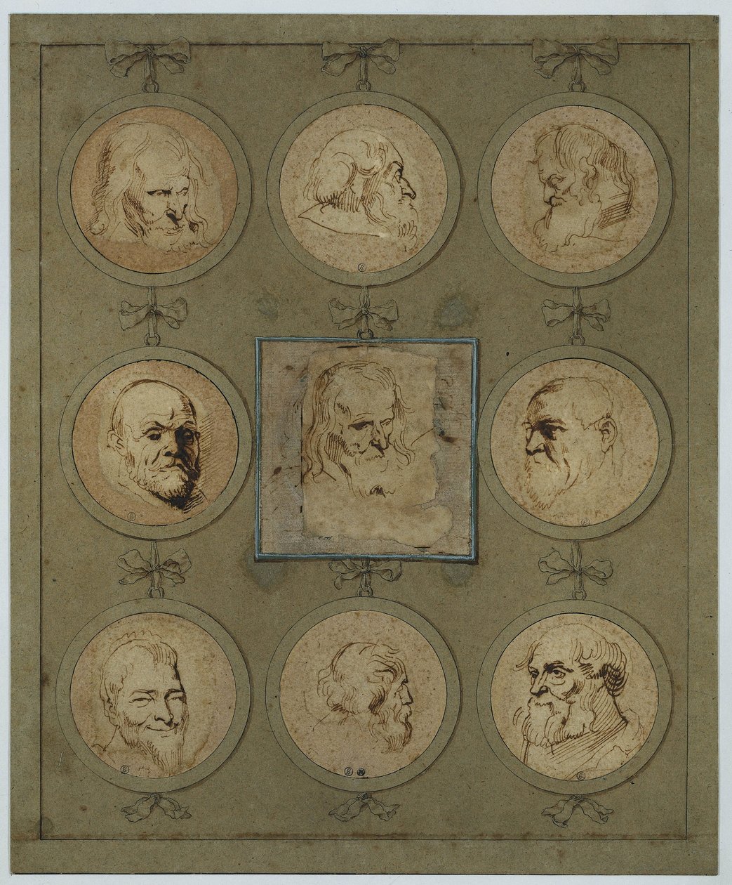 Verzamelblad met negen studiekoppen in medaillons door Anthony van Dyck