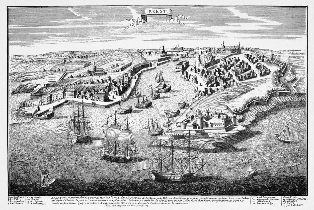 Perspectief van de stad Brest vanaf de haven in de zeventiende eeuw door Francois Antoine Aveline