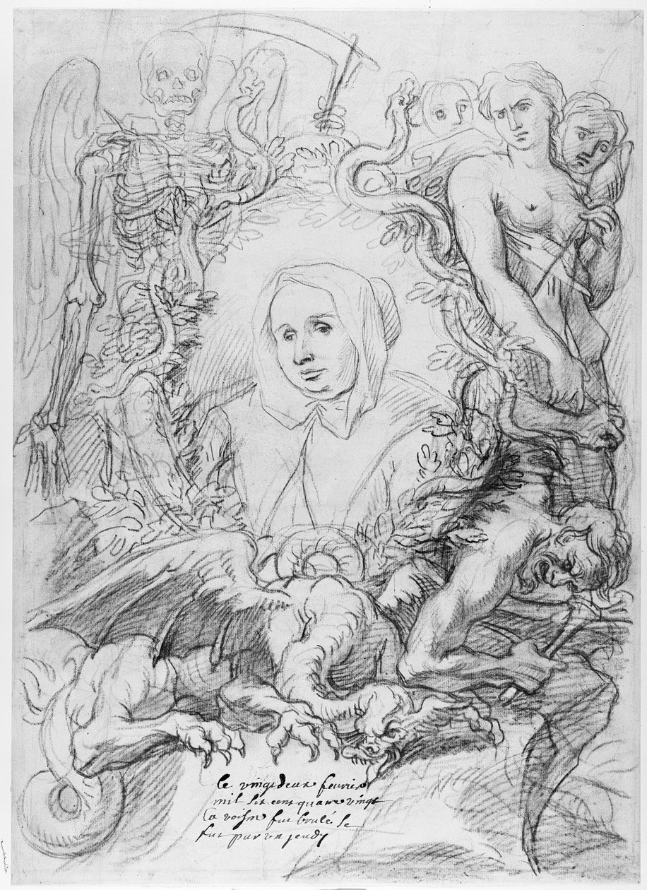 Catherine Monvoisin met de Drie Schikgodinnen rechts en de Dood links door Charles Antoine Coypel