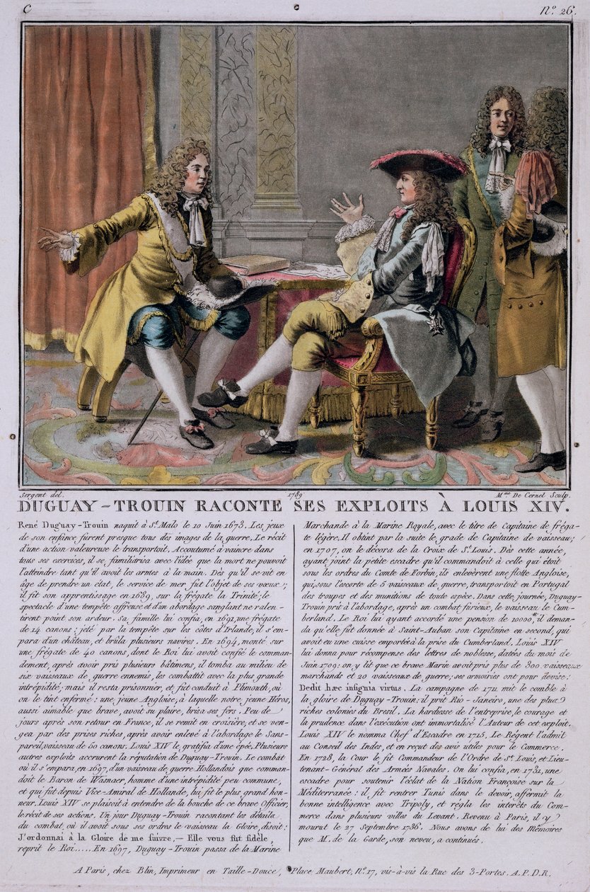 Duguay-Trouin (1673-1736) vertelt zijn zeeheldendaden aan Lodewijk XIV, gegraveerd door Madame de Cernel (1753-1834), 1789 door Antoine Louis Francois Sergent Marceau