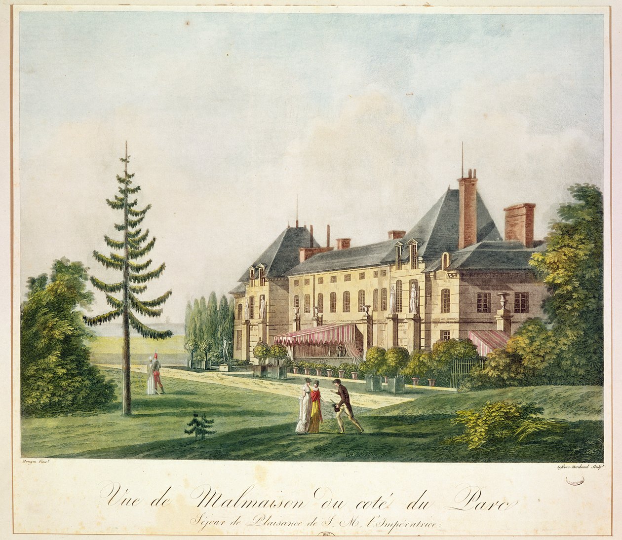 Uitzicht op Malmaison vanuit het park, gegraveerd door Marchand Lefebvre, c.1790-1810 door Antoine Pierre Mongin