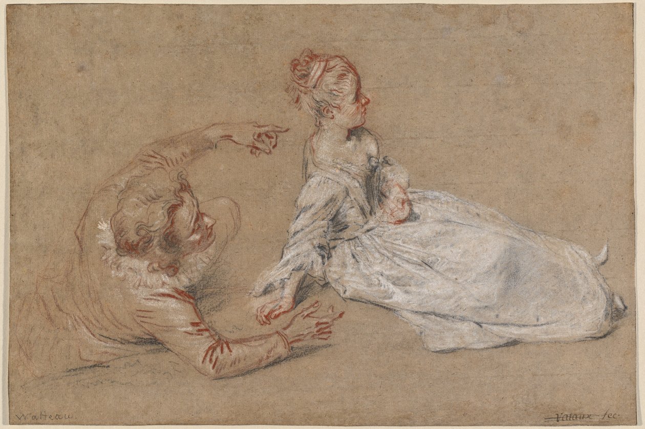 Een man liggend en een vrouw zittend op de grond door Jean Antoine Watteau