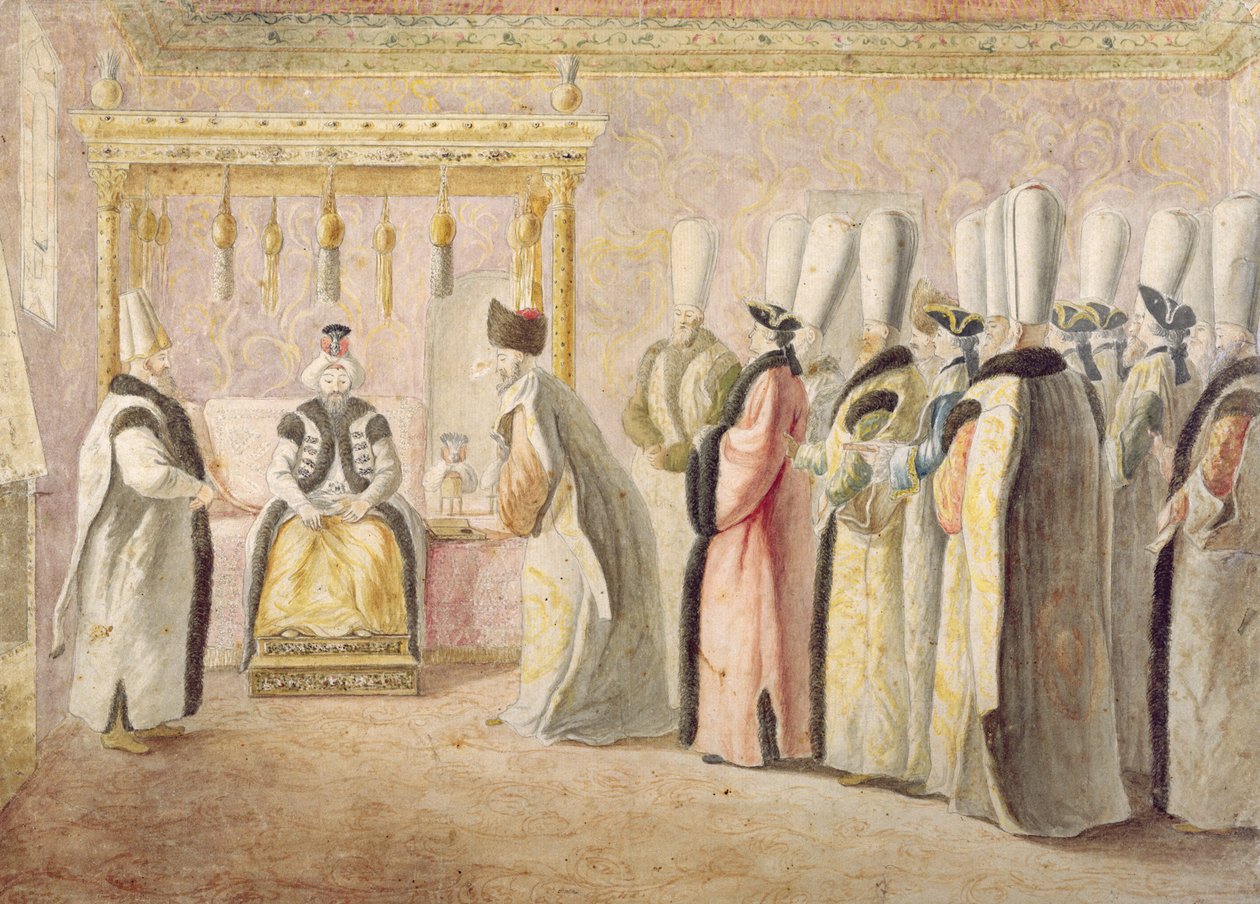 Afscheidspubliek van de Franse ambassadeur Charles Gravier (1717-87), graaf de Vergennes, bij de sultan Mustafa III (1717-74) in Constantinopel op 17 december 1768 door Antoine de Favray