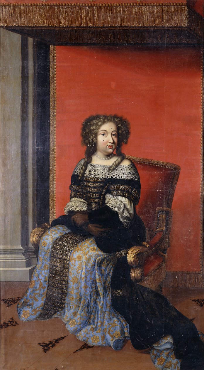 Portret van koningin Maria Theresa, zittend in een met juwelen bezette zwarte lijfje met kanten kraag en een blauwe en gouden rok, op een troon door Antoine (after) Dieu