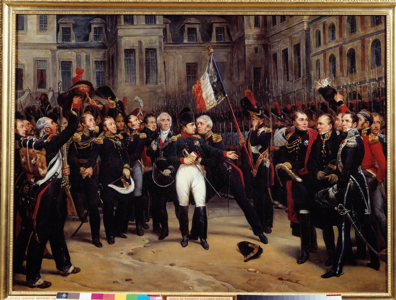 Abdicatie van 1814 - Het afscheid van Napoleon Bonaparte (1769-1821) van de keizerlijke garde op de binnenplaats van het Cheval Blanc in Fontainebleau op 20/04/1814 door Antoine Alphonse Montfort