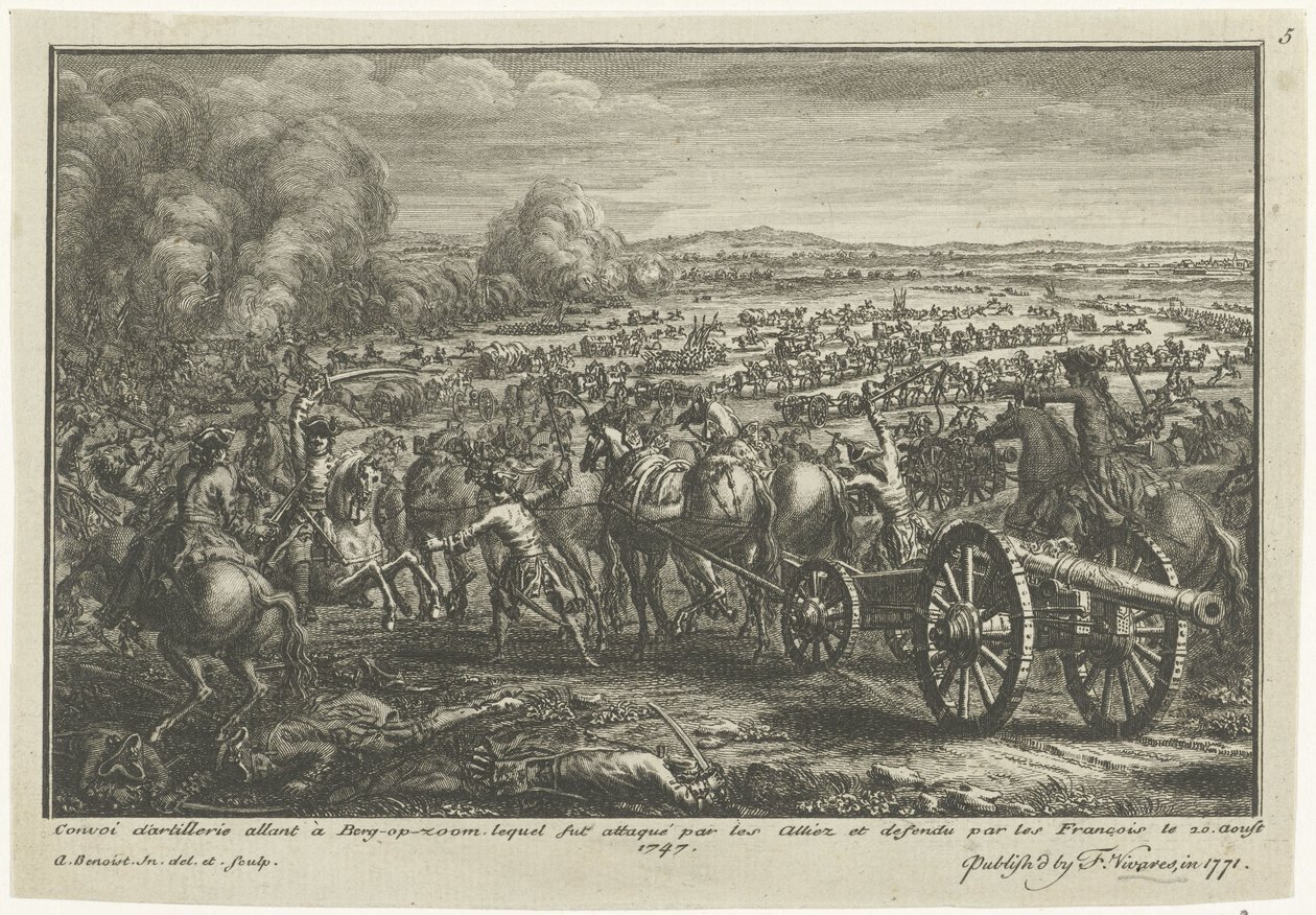 Aanval van Geallieerden op een Franse artillerietransport, 1747 door Antoine Benoist