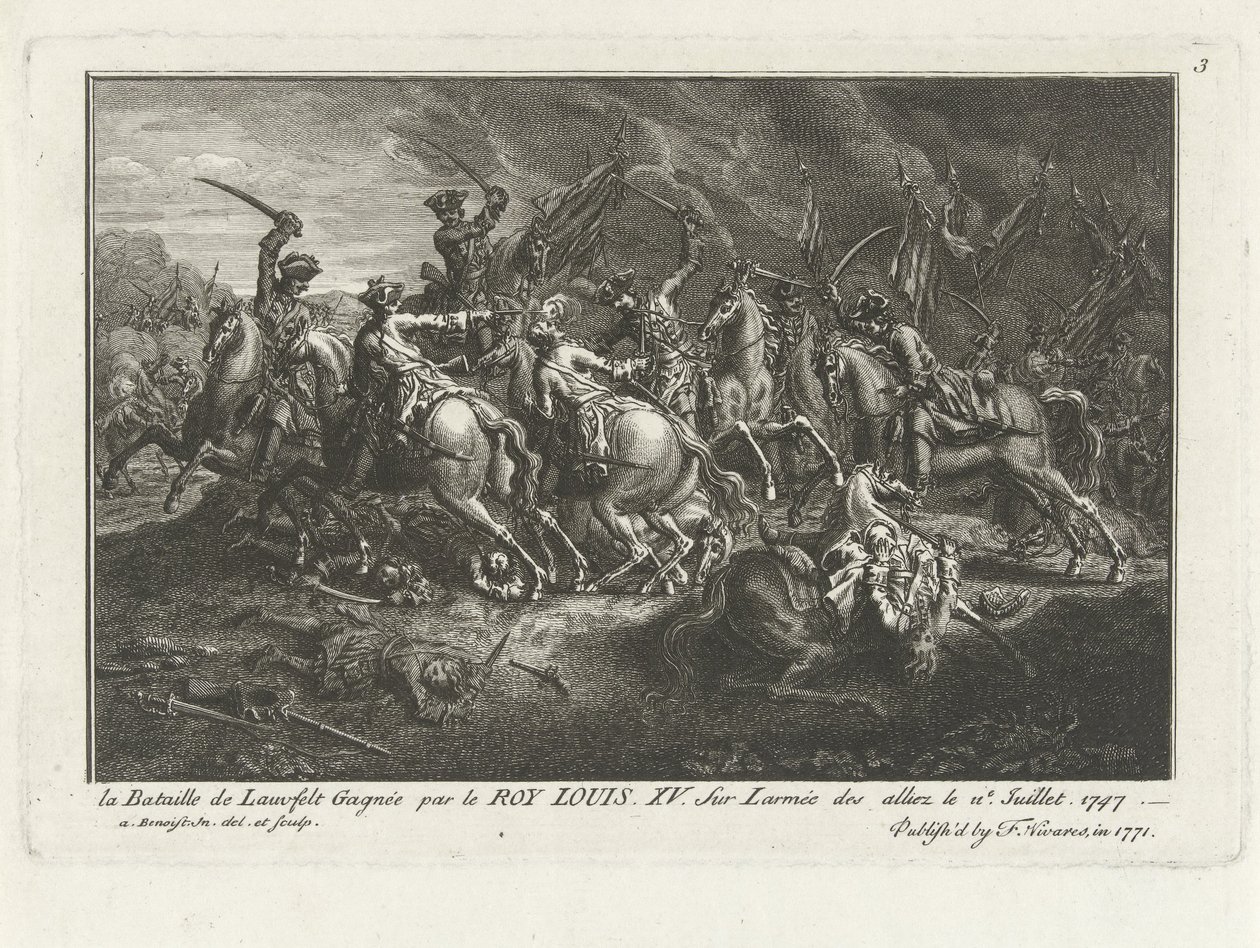 Uitzicht op de Slag bij Lauffeldt (Lafeld, nabij Maastricht) op 2 juli 1747 tijdens de Oostenrijkse Successieoorlog door Antoine Benoist