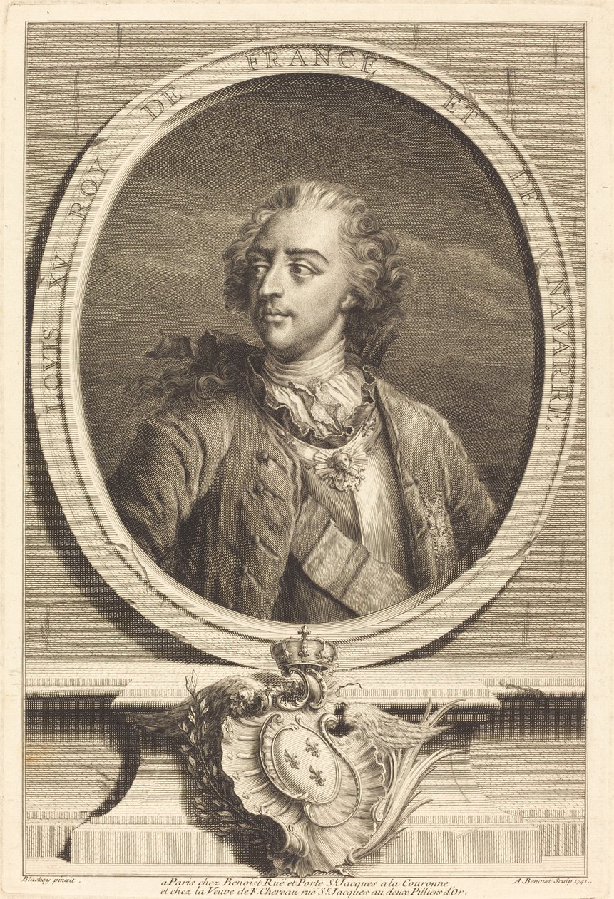 Lodewijk XV, koning van Frankrijk door Antoine Benoist after Jakob Christoffel Le Blon after Nicholas Blakey