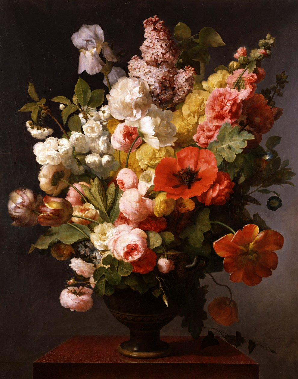 Stilleven van zomerbloemen met pioenrozen, irissen en seringen. 1819. Schilderij van Antoine Berjon (1754-1843) Privécollectie. door Antoine Berjon