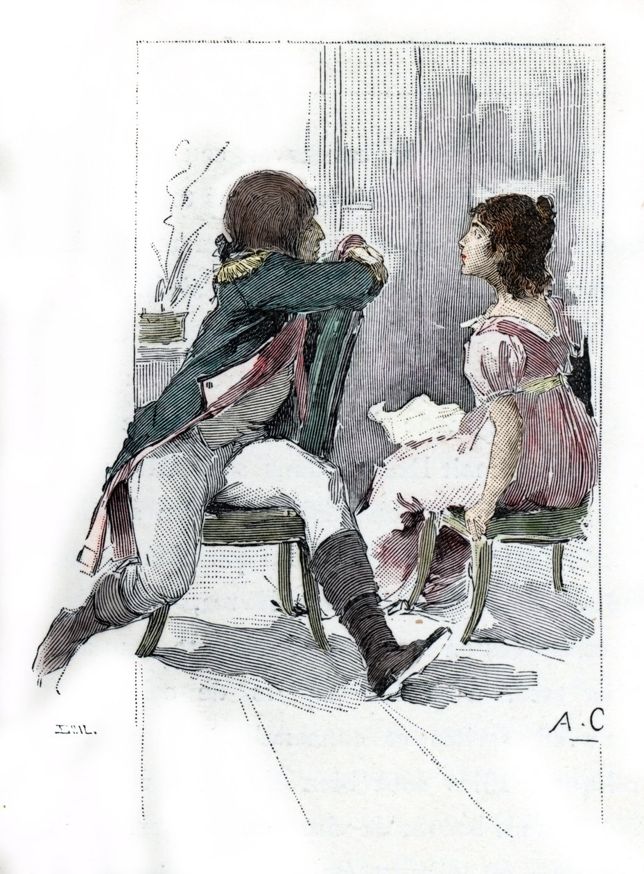 Portret van Napoleon Bonaparte (1769-1821) met zijn verloofde Desiree Clary (1777-1860) c. april 1795 (Tekening door Antoine Calbet uit 