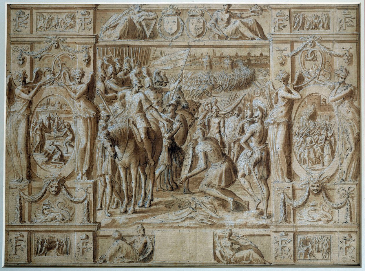 De Onderwerping van Milaan De troepen van Francois I namen de stad Milaan in na de overwinning in de Slag bij Marignan in 1515. Tekening in pen en wassing door Antoine Caron (1521-1599) 16e eeuw Parijs, Louvre Museum door Antoine Caron