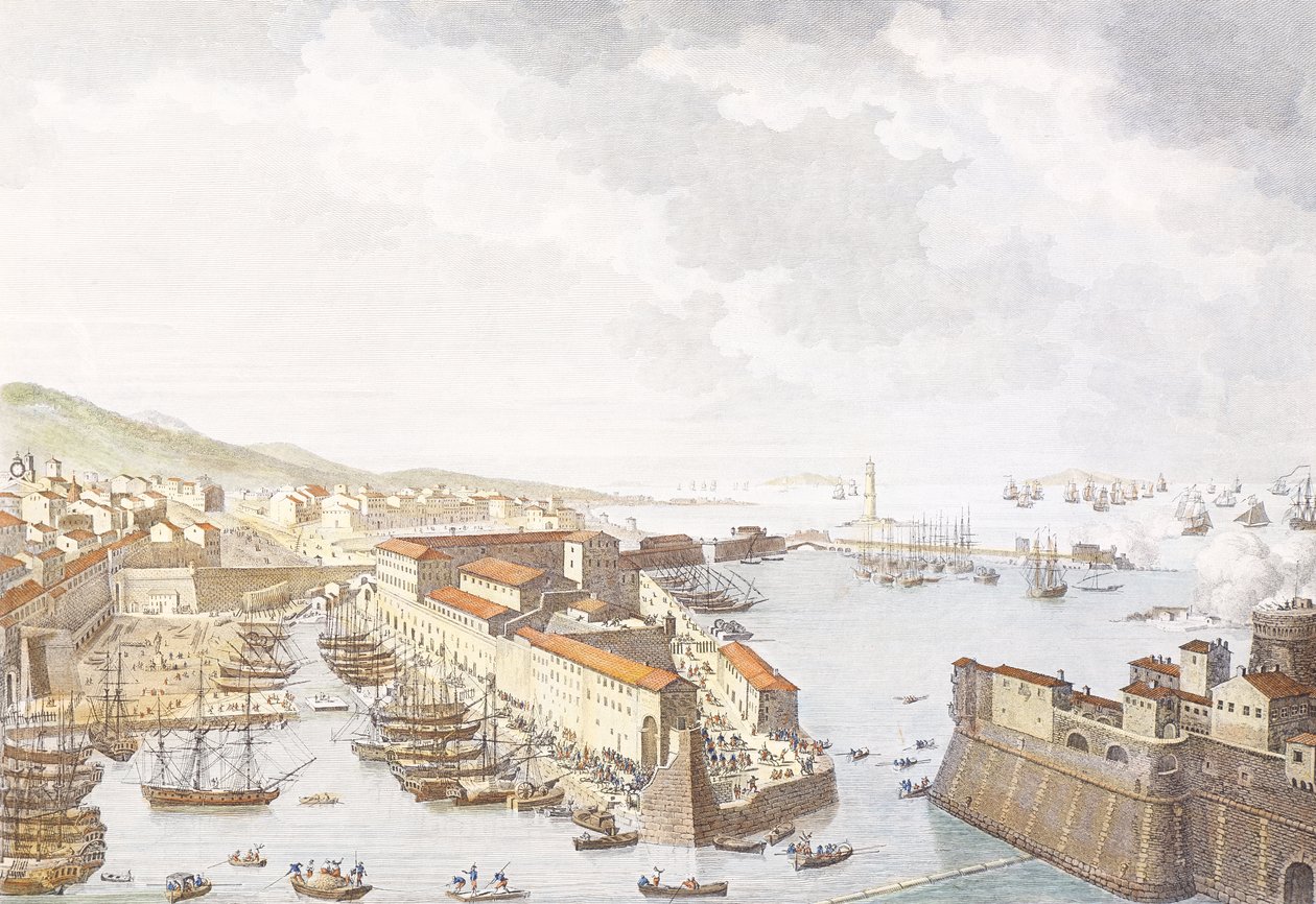 Intocht van de Fransen in Livorno, juni 1796, gravure door Jean Duplessis-Bertaux, tekening door Carle Vernet, Franse Revolutionaire Oorlogen, Italië door Antoine Charles Horace Vernet