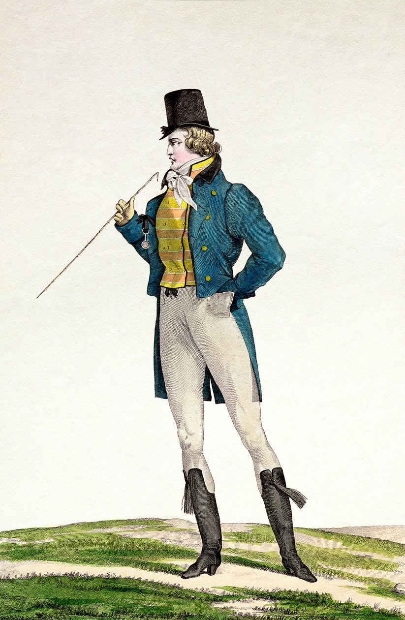 Een Dandy in een Robinson hoed, met kinderlijke krullen, gebreide broek en rijlaarzen, plaat 5 in de Incroyable et merveilleuse serie modeplaten door Antoine Charles Horace Vernet