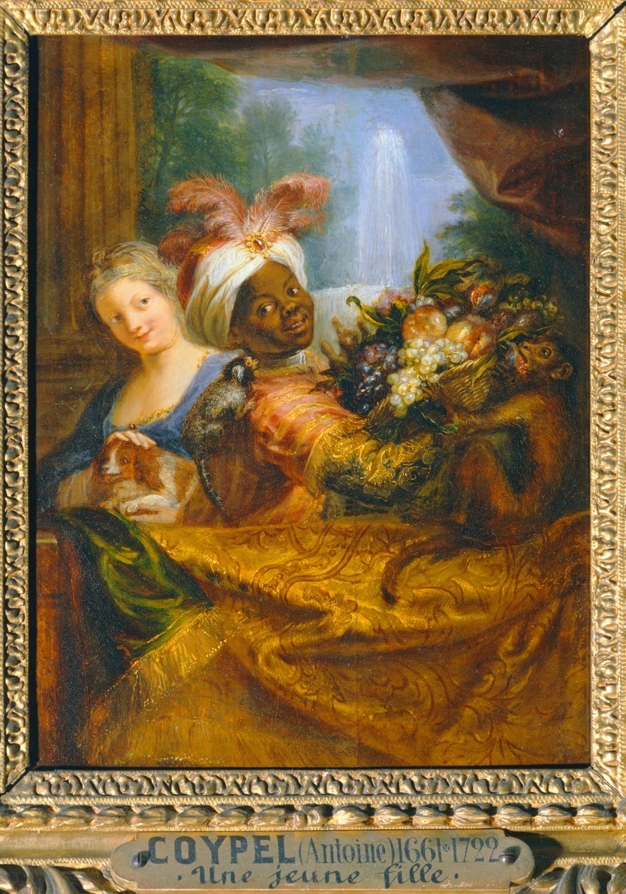 Jong zwart meisje houdt een fruitmand vast en jong meisje streelt een hond - Jeune noir tenant une corbeille de fruits et jeune fille caressant un chien ... door Antoine Coypel