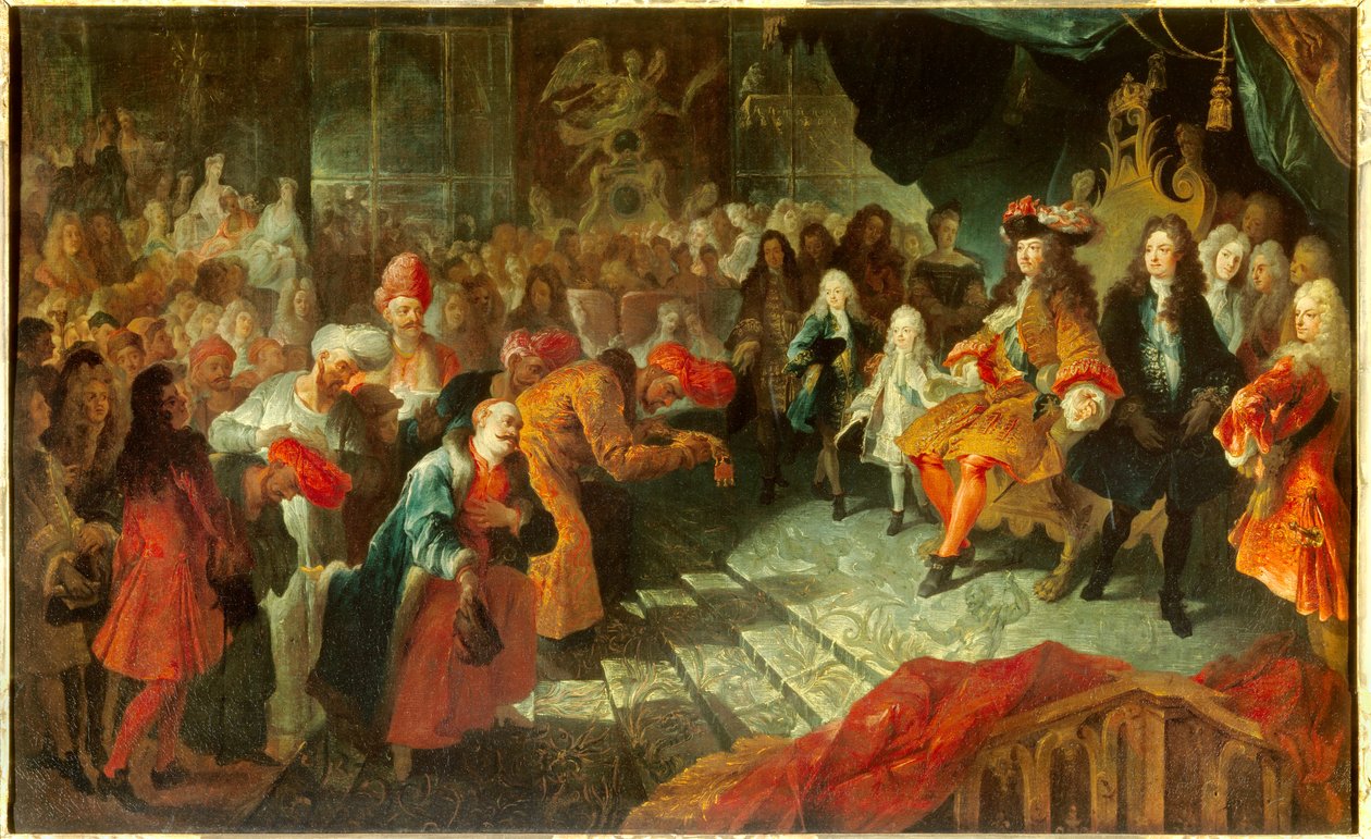 Koning Lodewijk XIV ontvangt de Buitengewone Ambassadeur van Perzië Mehemet Reza Bey in de spiegelgalerij in Versailles op 19/02/1715 door Antoine Coypel